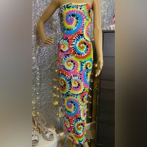 ‼️CLEARANCE Item‼️| Rainbow Tie-Dye Swirls Maxi Bodycon Dress